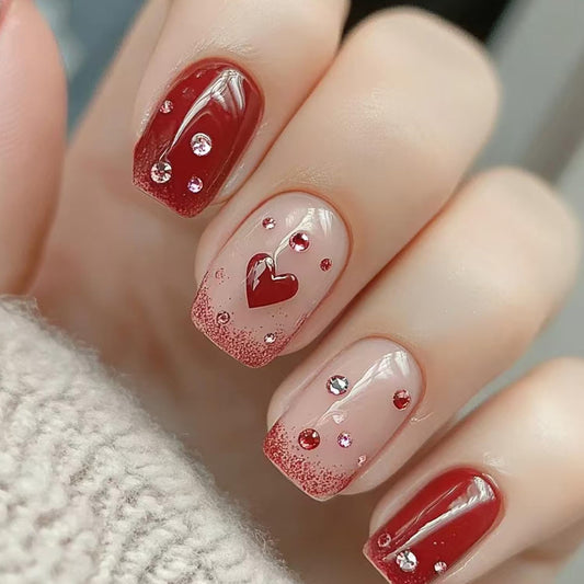Valentines Press on Nails Short Square Artificial Acrylic Fingernails French Glitter Fake Nails Red Love with Rhinestones Coffin Nail Full Cover Glossy Heart Press Ons Nail Women Festival Manicure