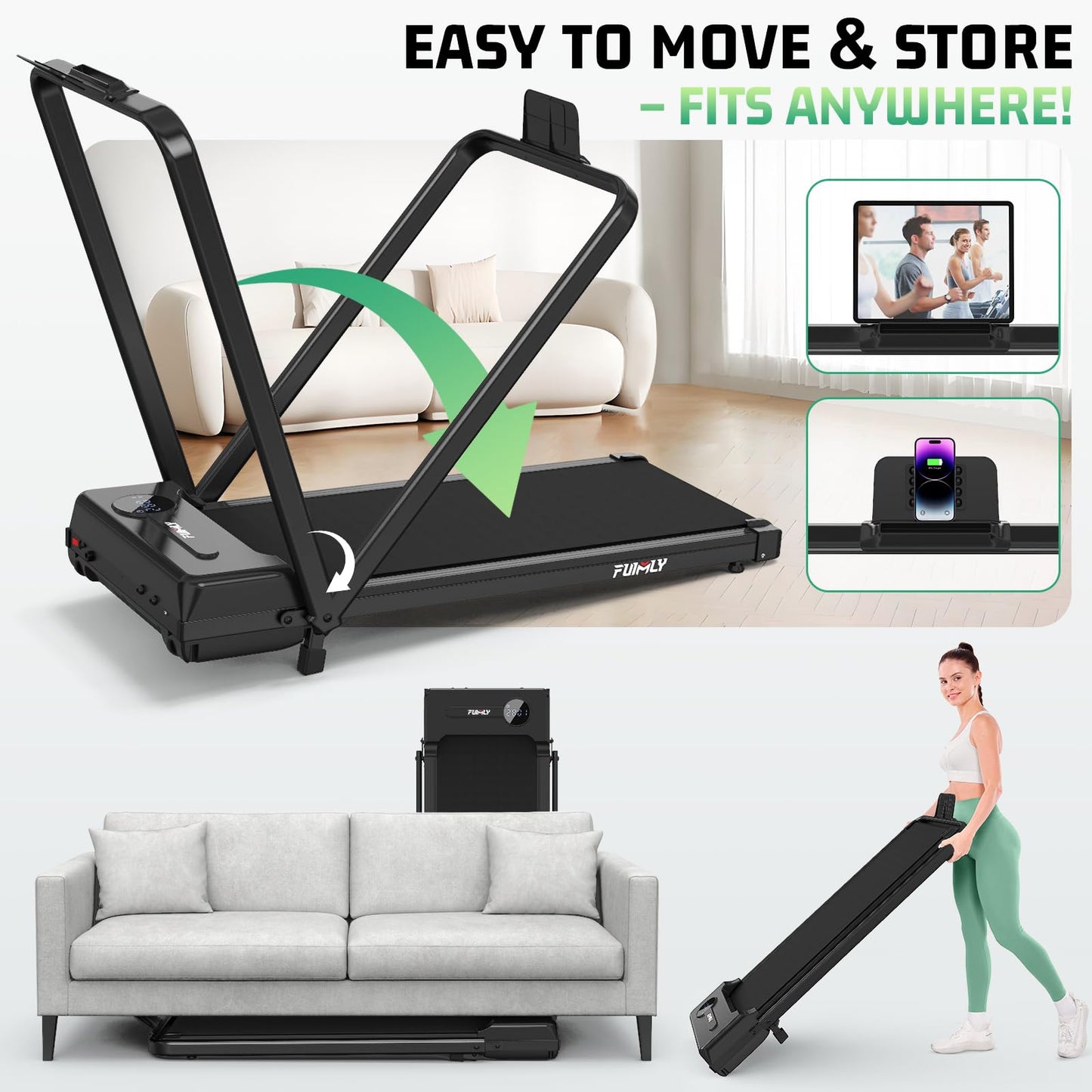 FUNMILY Foldable Walking Pad with Handle Bar, 4 in 1 Under Desk Treadmill with Incline, 2025 Upgraded Smart Folding Treadmill for Home/Office, 300 lbs Weight Capacity, Ultra-Quiet
