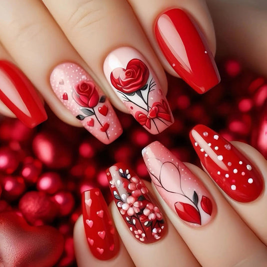 MISUD Press on Nails - Long Coffin Fake Nails with Red, Acrylic Valentines Rose Polka Dot Design 24 pcs