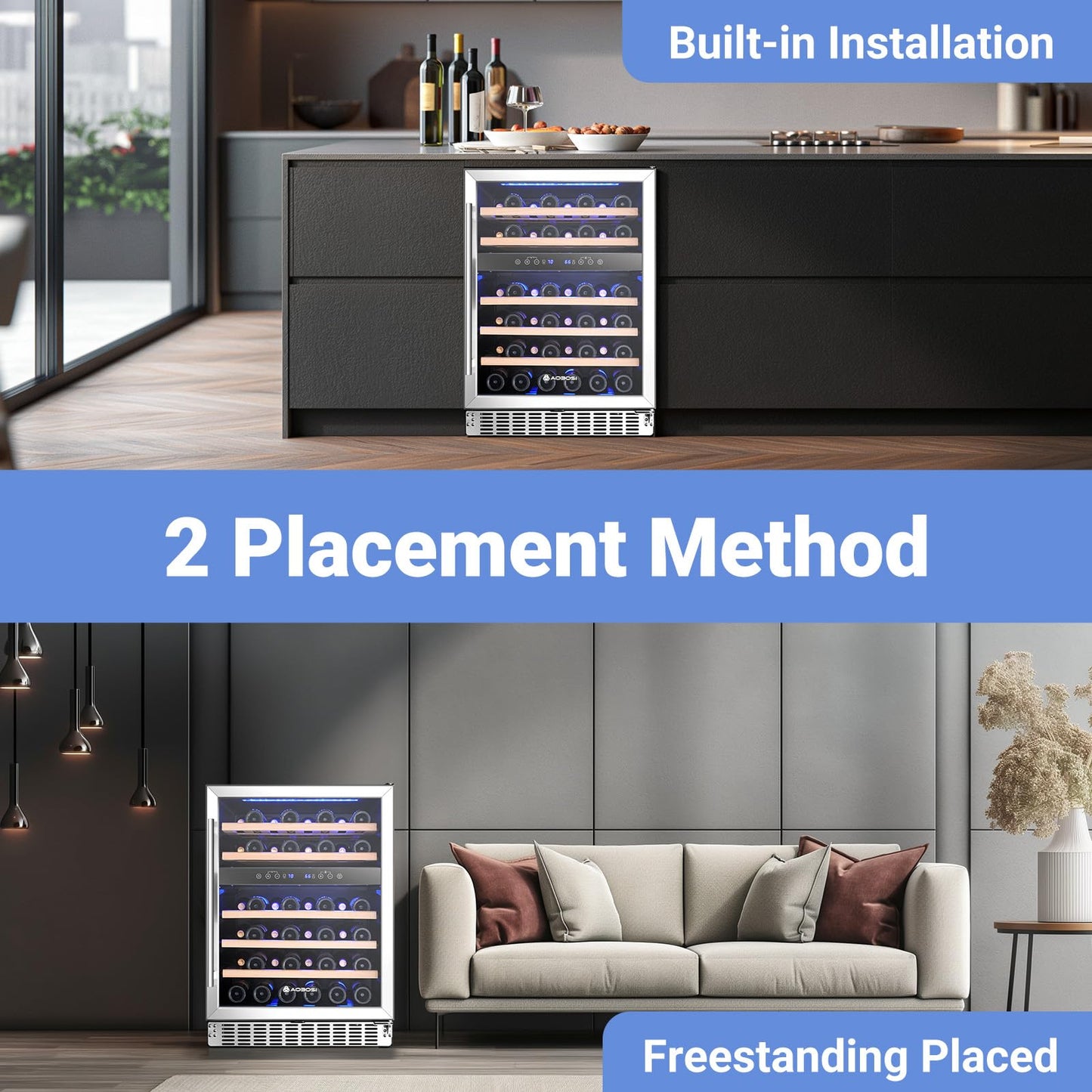 AAOBOSI Wine Fridge Cooler, 46 Bottles,24 inch Dual Zone Wine Cooler Under Counter with Adjustable Shelves,Built-in or Freestanding Wine Refrigerators for Home,Office,Bar