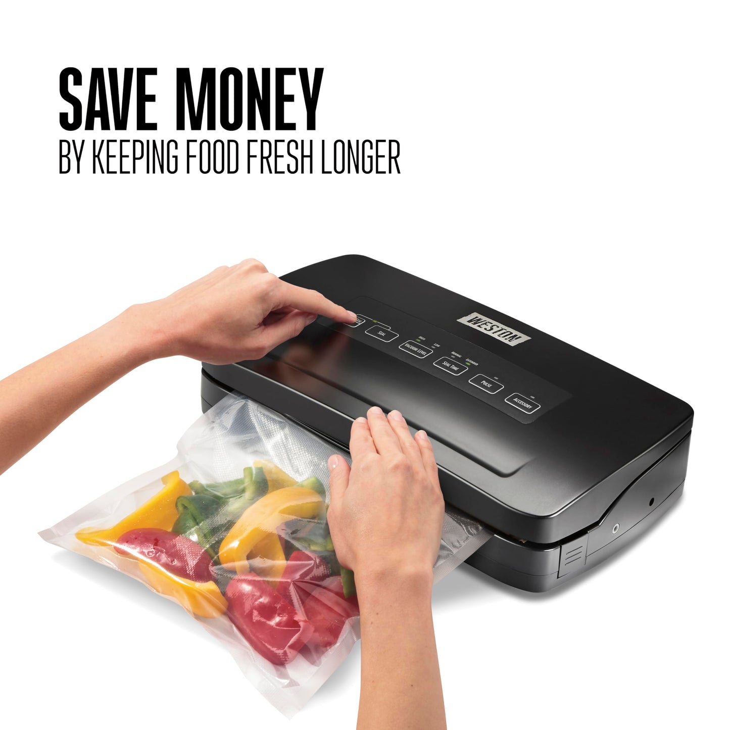 Weston Brands Vacuum Sealer Machine for Food Preservation & Sous Vide, Seals Bags up to 11” Wide, 110 Watts, 22.5” HG Strength, Includes Roll Storage and Starter Pack, Black (65-3001-W)