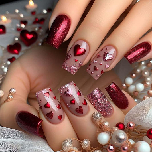 24Pcs Valentines Press on Nails Medium Square Red Heart Fake Nails Glitter Love Heart Design Glue on Nails Pink Red Glitter False Nails for Women Valentine Nail Decoration for Women Gift