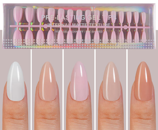 Plauva Medium Almond Press On Nails, 5 Colors Pre-Lasting Soft Gel Nails Tips, 150Pcs Natural Fake Nails for Nail Art DIY 15 Sizes