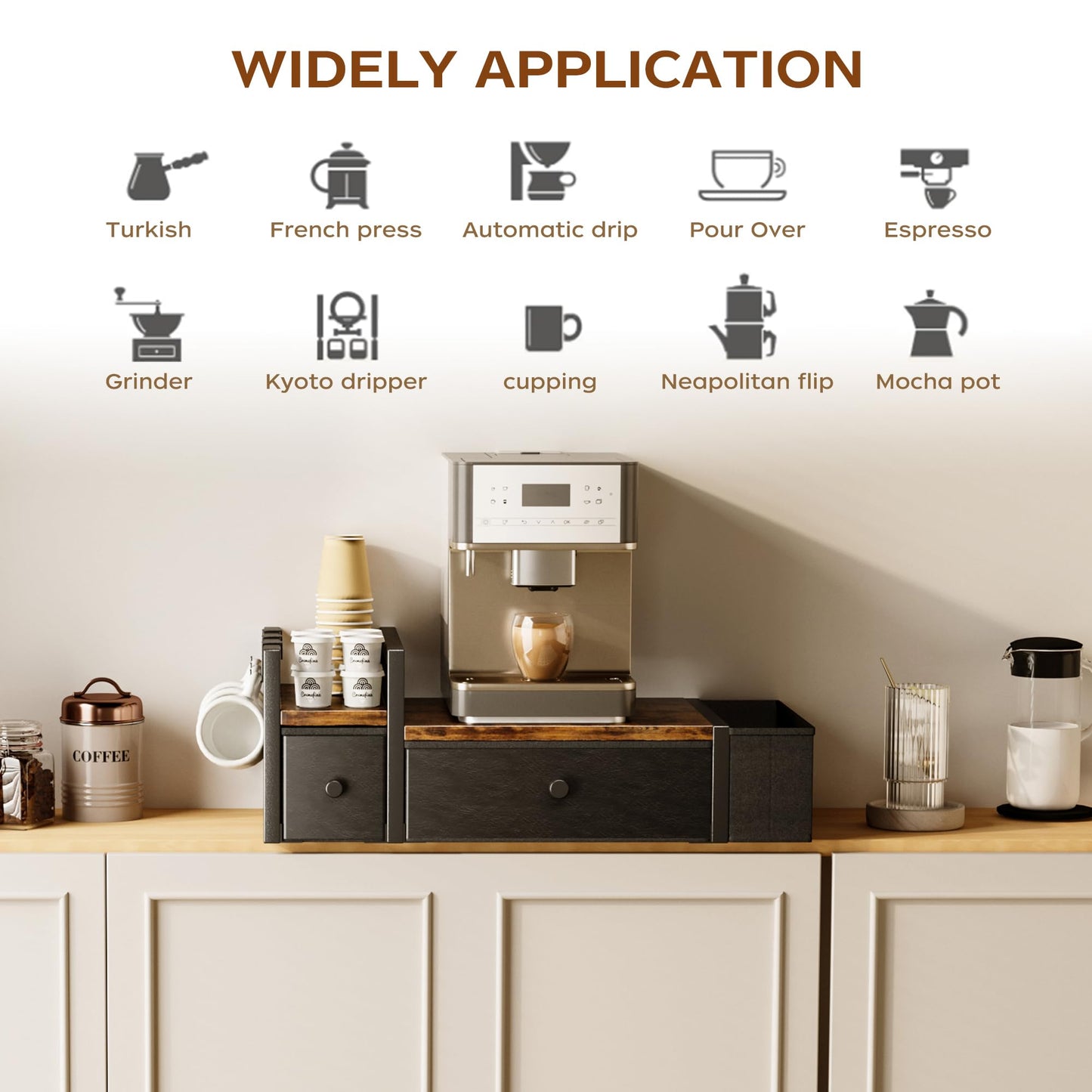 Homeiju Coffee Pod Drawers - K Cup Organizer, Nespresso Pods Holder with Mug Rack, Coffee Holder for Countertop, 52 Capacity Pods, Suitable for Kitchens, Offices and Coffee Bars(Brown)