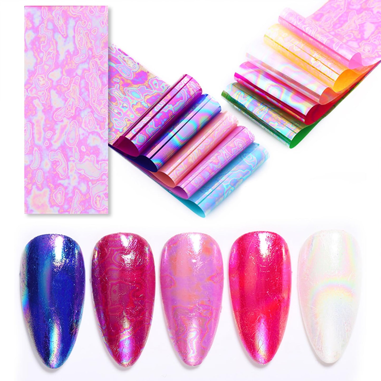 JERCLITY 10 Rolls Aurora Iridescence Nail Foil Transfer Sticker Kit Holographic Decals Laser Nail Foil Transfer Stickers Wraps