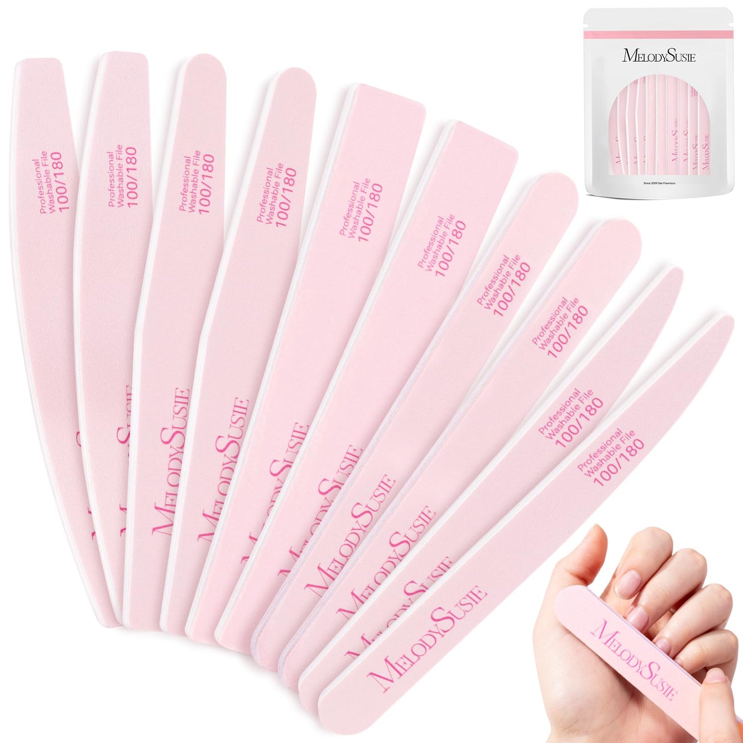 MelodySusie Nail File Kit, 10Pcs Double Sided 100/180 Grit Mixed-Shapee Emery Boards for Nails, Professional Manicure Pedicure Supplies for Home and Salon Use, Mothers Day Gifts, Pink