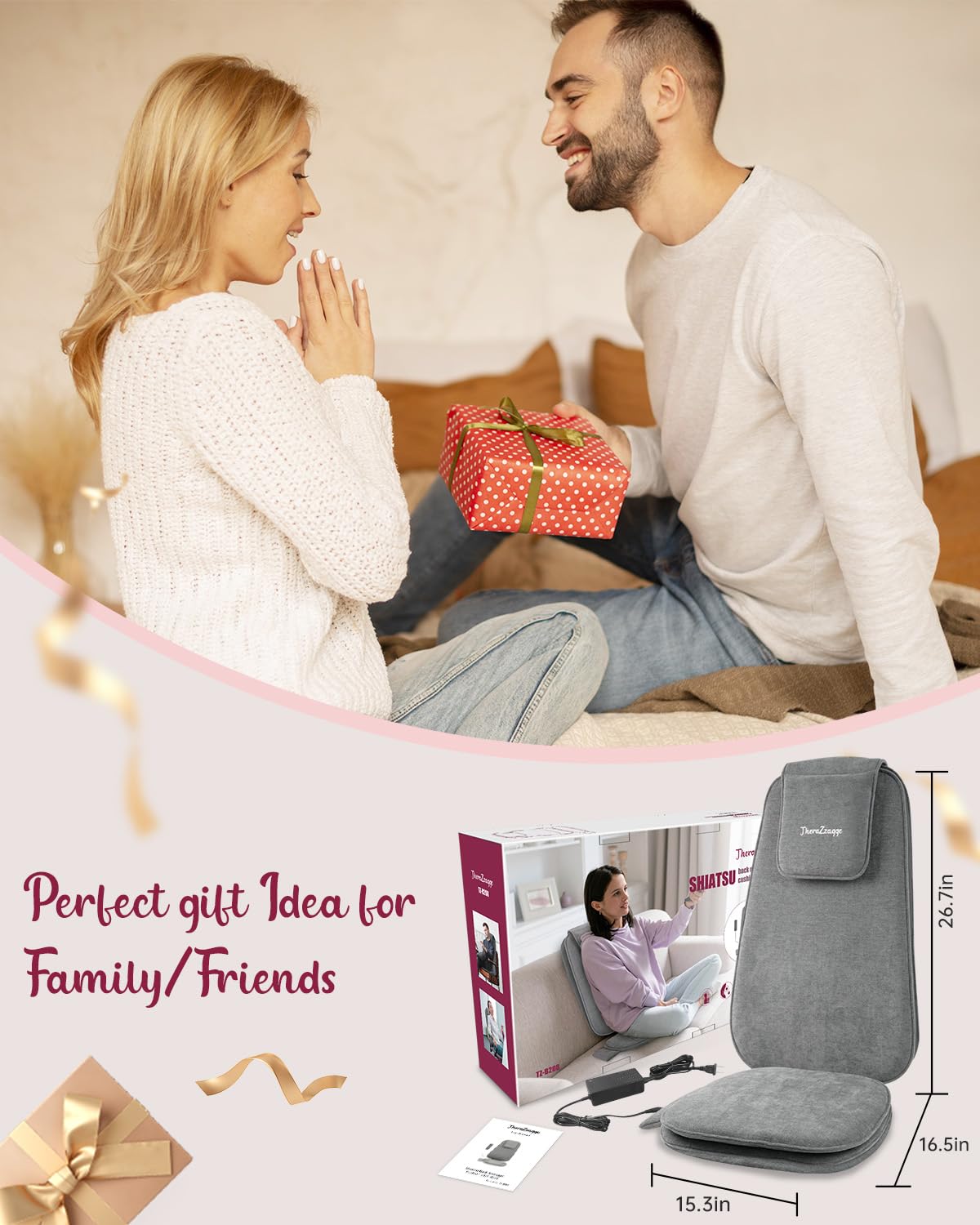 THERAZZAGGE Shiatsu Back Massager with Soothing Heat, Upgraded Deep Tissue Kneading Massage Chair Pad, Vibration Massage Seat Cushion, Relax at Home Office