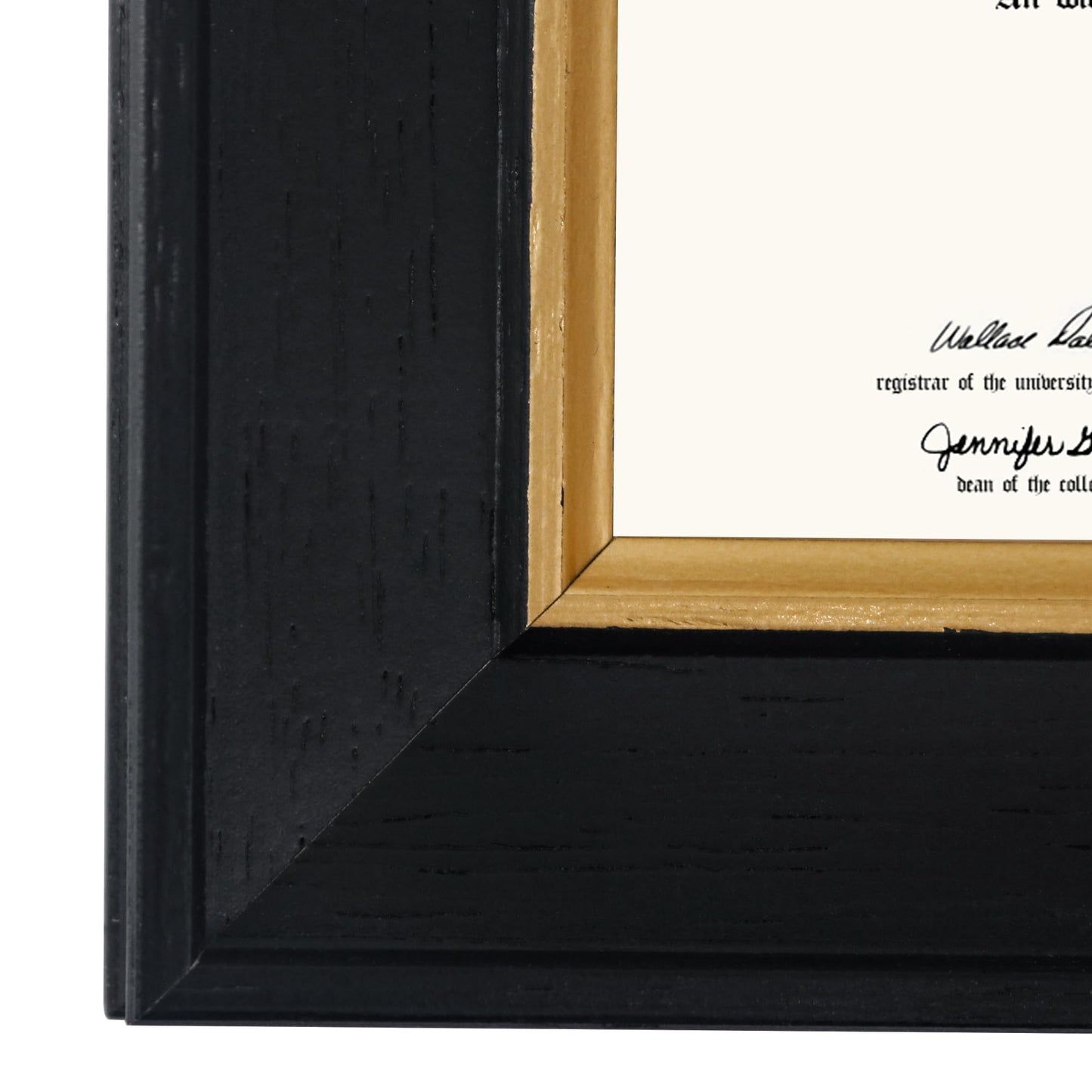 GMFrames 8.5x11 Wood Diploma Frame with Green Mat or Display 11x14 Certificates without Mat,Tempered Glass,Rustic Black Finish with Gold Trim