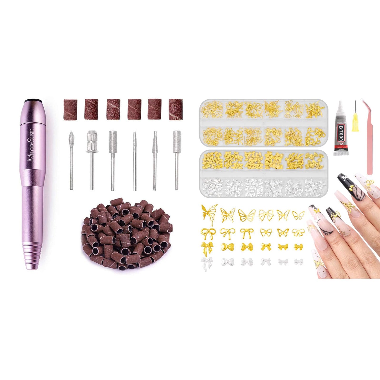 MelodySusie Pen-Shaped Portable Nail Drill with 3D Nail Charms and Gems