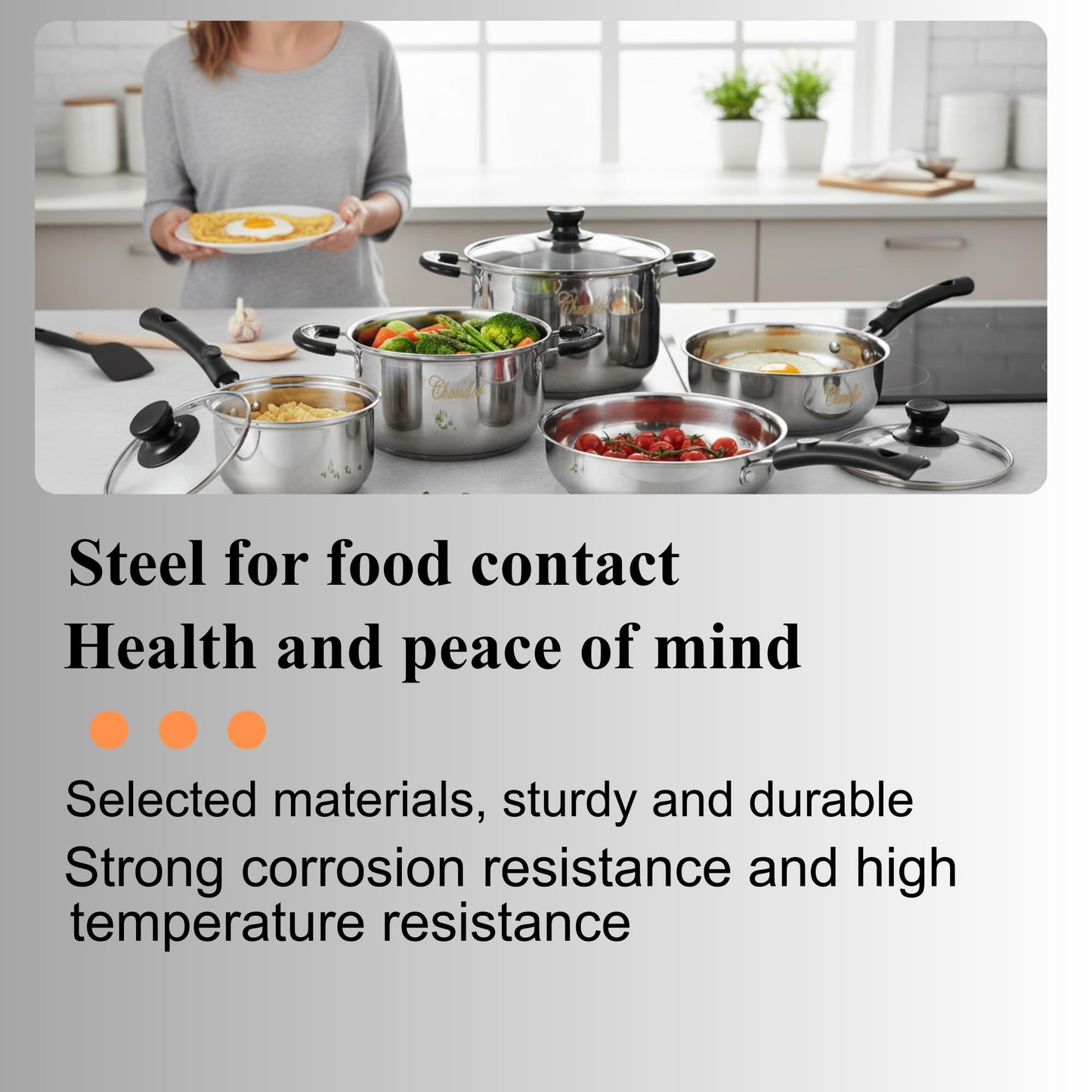 Chandler Stainless Steel Cookware Set, 13-piece Pots and Pans with Tempered Glass Lid - Cooking Set with Deep Pans, Saucepans & Pots Compatible for Family Meals (13-Pieces Stainless Steel)