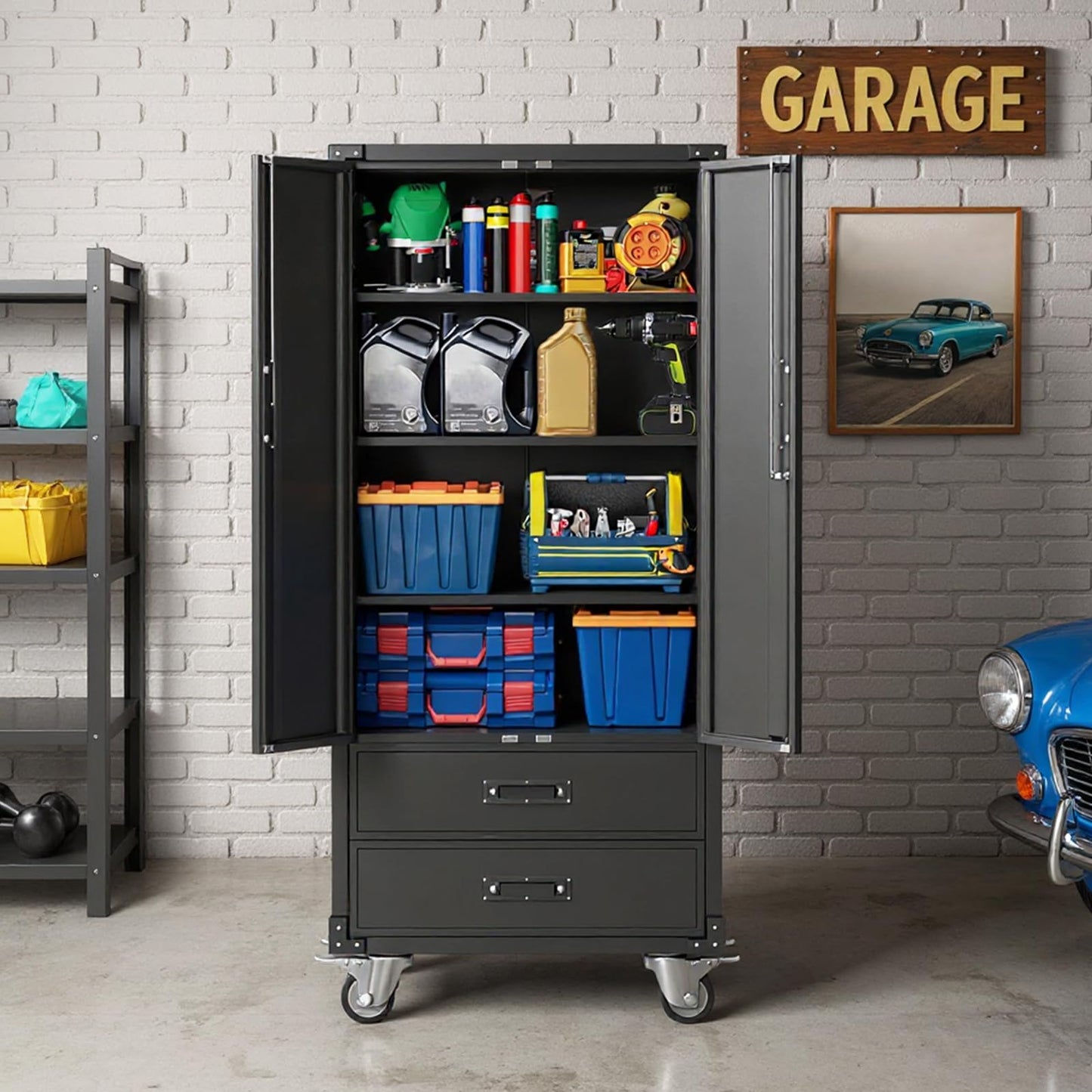 Towallmark Metal Storage Cabinet with Wheels, 72 Inch Tall Rolling Garage Storage Cabinet with 2 Drawers and 2 Doors, Lockable Steel Cabinet with 3 Adjustable Shelves for Home, Office, Shop, Black