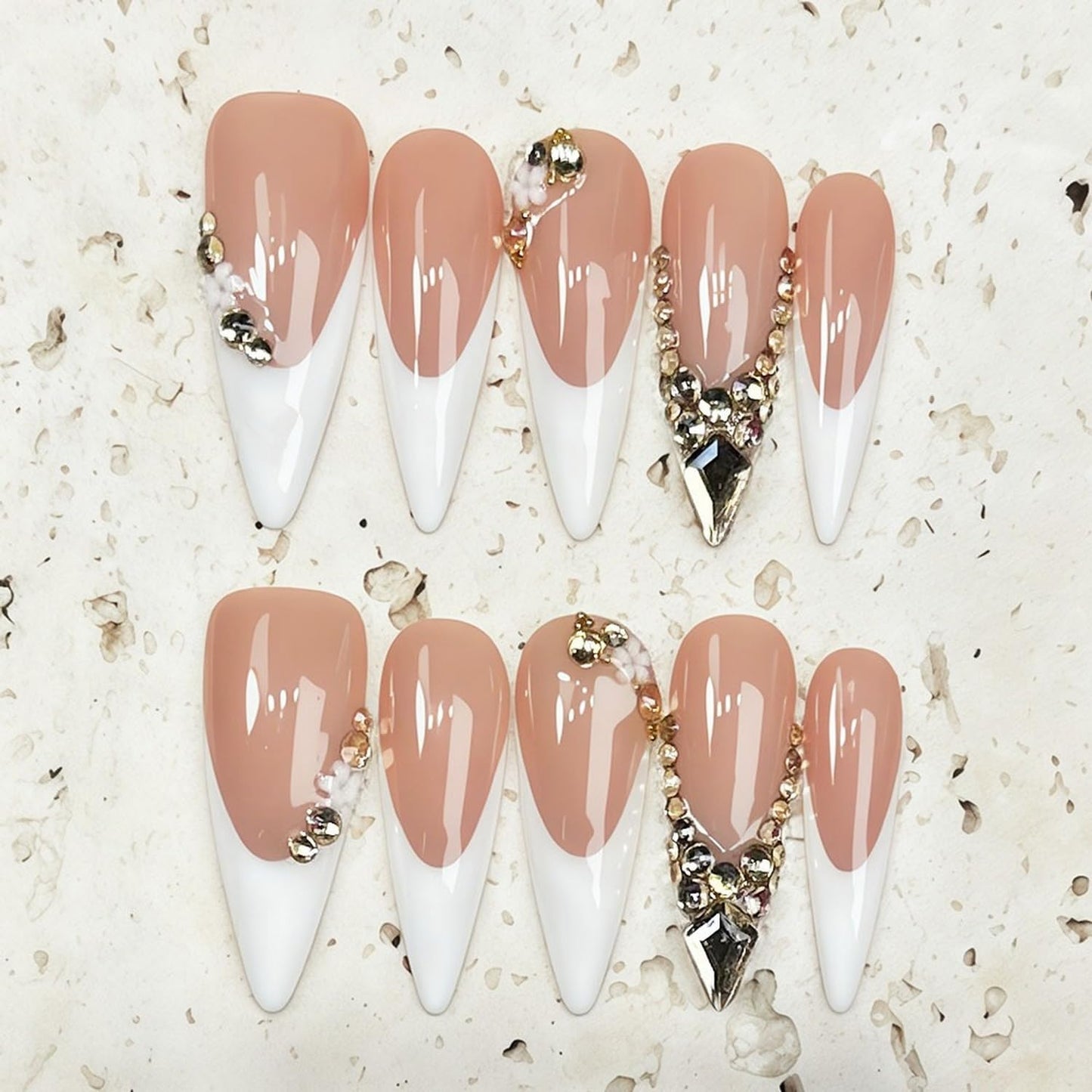 Handmade Press on Nails Long Stiletto Fake Nail Luxury 3D Golden Rhinestones Design White French Tip Stick on Nails Thick Fake Nail DIY Art Elegant Elegant Acrylic Nails for Women (S)