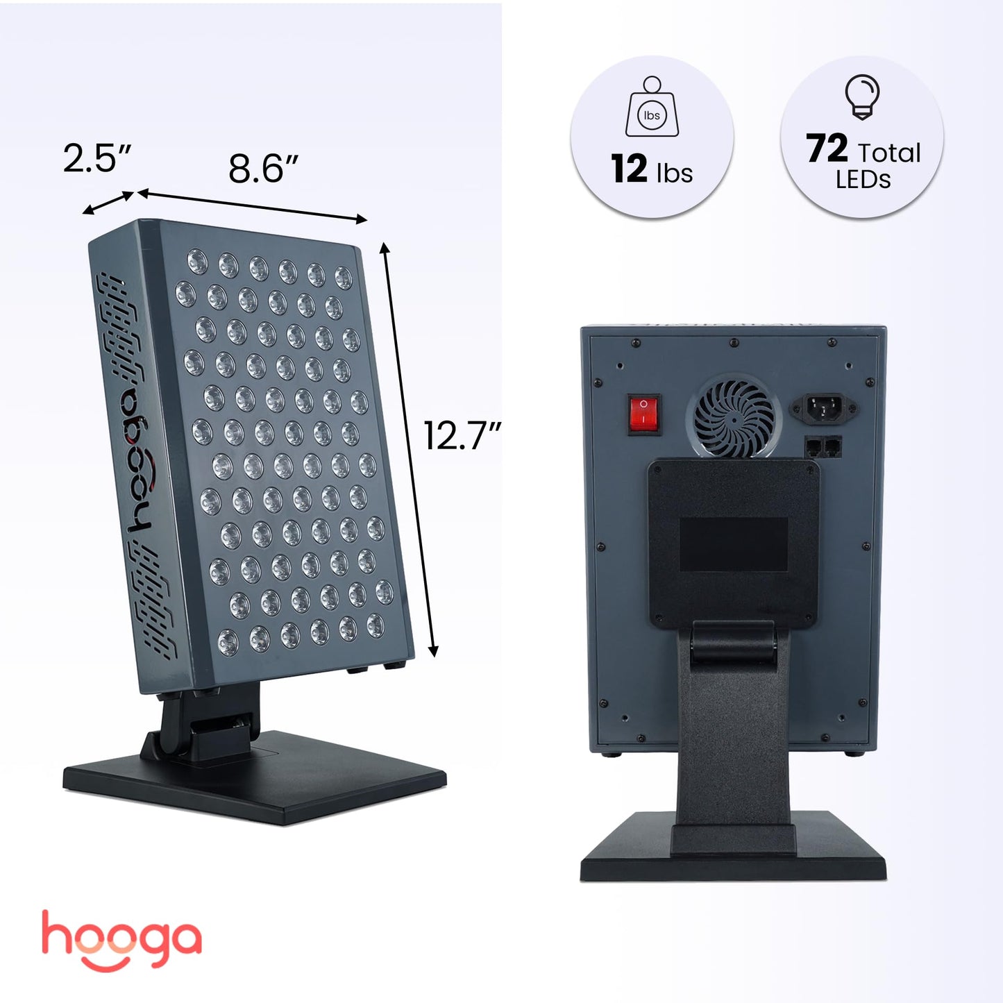 Hooga ULTRA360 Red Light Therapy Panel — 630nm 660nm 810nm 850nm Red & Near Infrared Light, 72 Quad Chip LEDs, Touchscreen Controls, Adjustable Brightness & Pulsed Mode