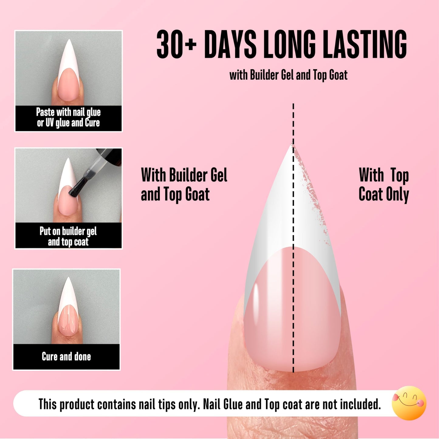 NOVO OVO White French Tip Sharp Stiletto Pointed Medium Long Nail Tips Press on Baby Pink, Soft Gel Fake Acrylic Extension, Full Cover False Nails for Salon DIY x 16 Sizes 160 pcs
