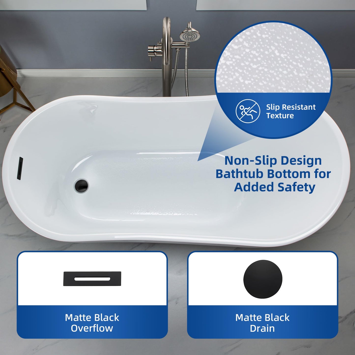WOODBRIDGE 59" Acrylic Freestanding Bathtub Contemporary Soaking White Tub with Matte Black Overflow and Drain，B1530-MB-Drain&O