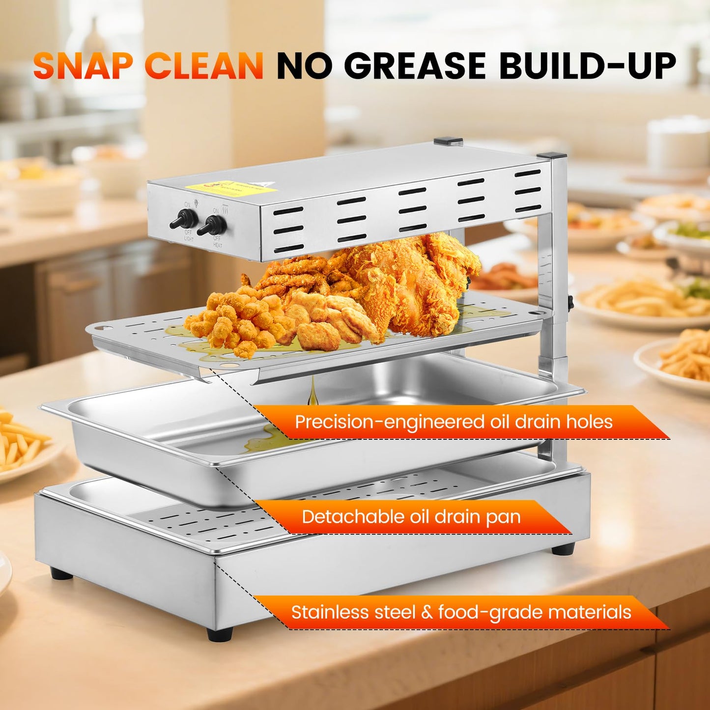 Dyna-Living French Fry Warmer - 3 Level Adjustable Height French Fry Warmer Commercial 10L Countertop French Fries Heat Lamp Commercial Food Heating Lamp for Food Truck Chips Buffet Restaurants 500W