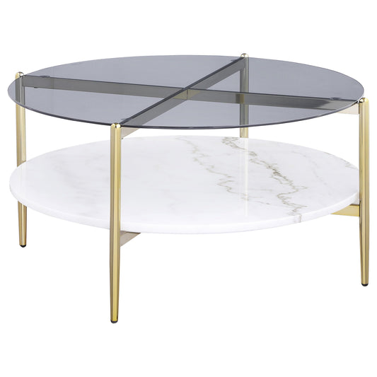Coaster Home Furnishings - Jonelle - Round Coffee Table with Glass Top, White Marble Shelf and Gold Chrome Frame - Living Room - 33-Inch - Smoke - 710338