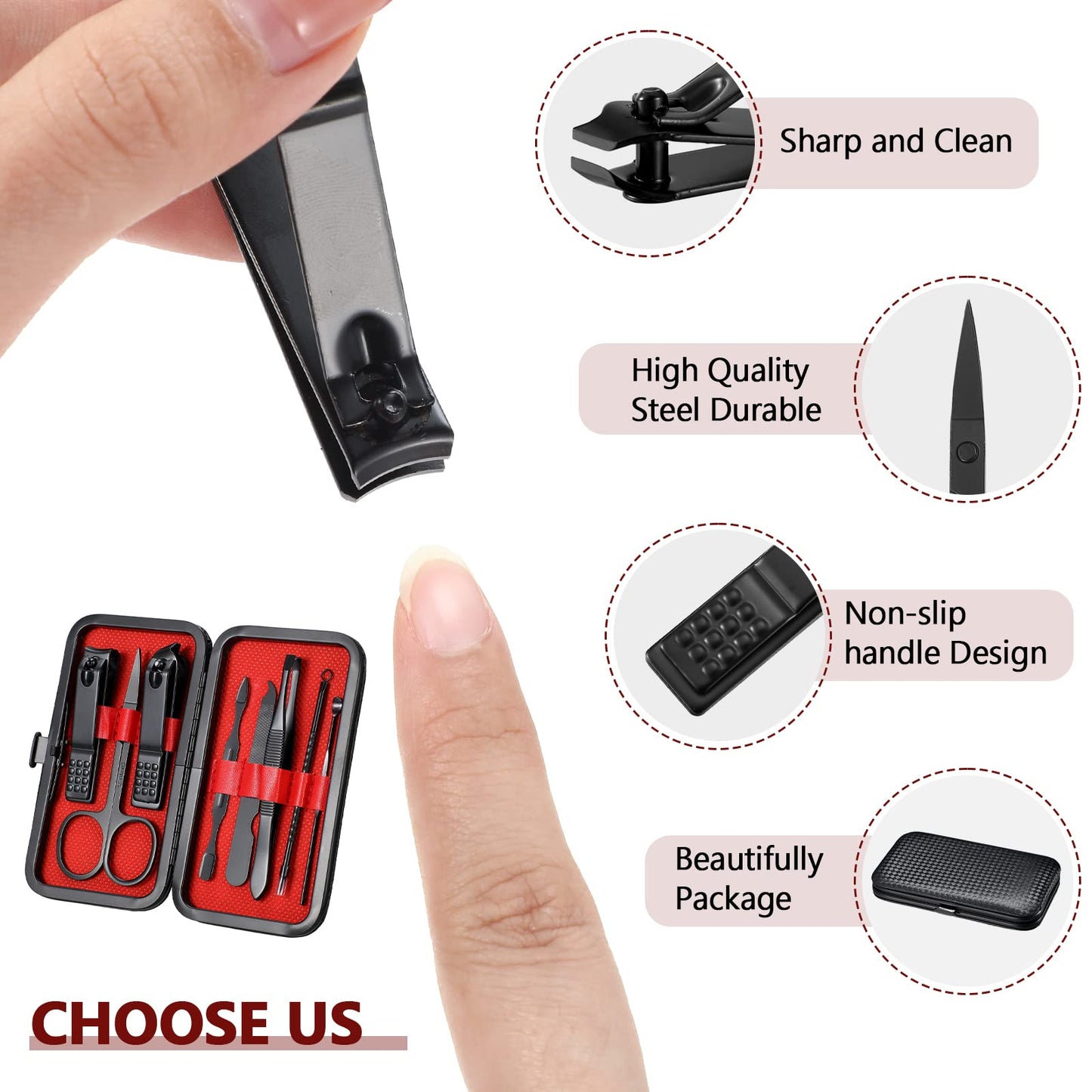Hanaive 6 Set Manicure Set 48 Pcs Nail Clippers Pedicure Kit Gift for Mother's Day 8 in 1 Stainless Steel Grooming Kit Professional Nail Care Tools with Luxurious Travel Case for Men Women(Black, Red)