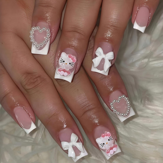 24Pcs White French Tip Press on Nails Short Square Fake Nails with Pearl Heart Designs Reusable Cartoon False Nails 3D Bow Acrylic Nail Cute Full Cover Glue on Nails for Women
