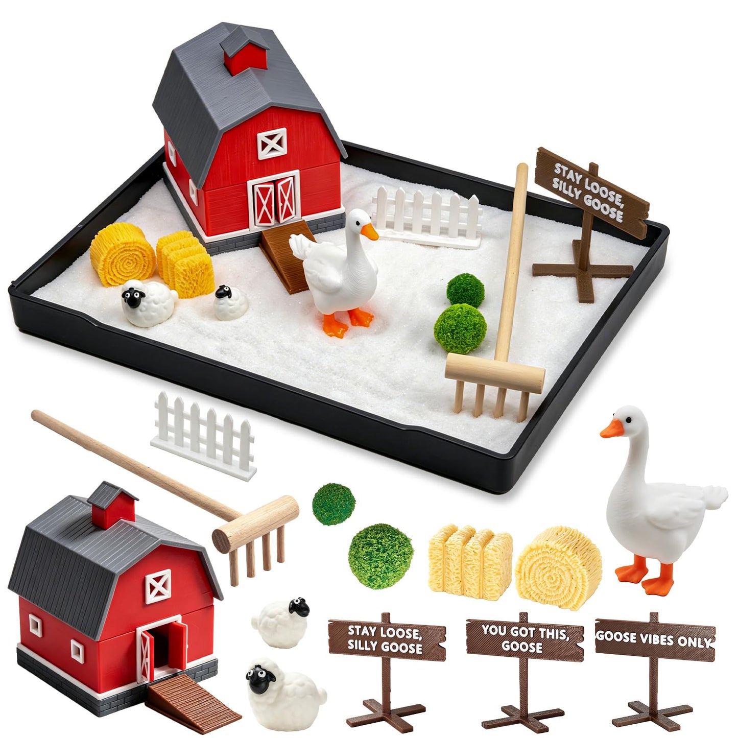 CMLDGIA Goose Mini Zen Garden Kit Decorative Sand Tray Decor with Desk Goose, Barn & Interchangeable Signs Stress Relief Office Sandbox Accessories