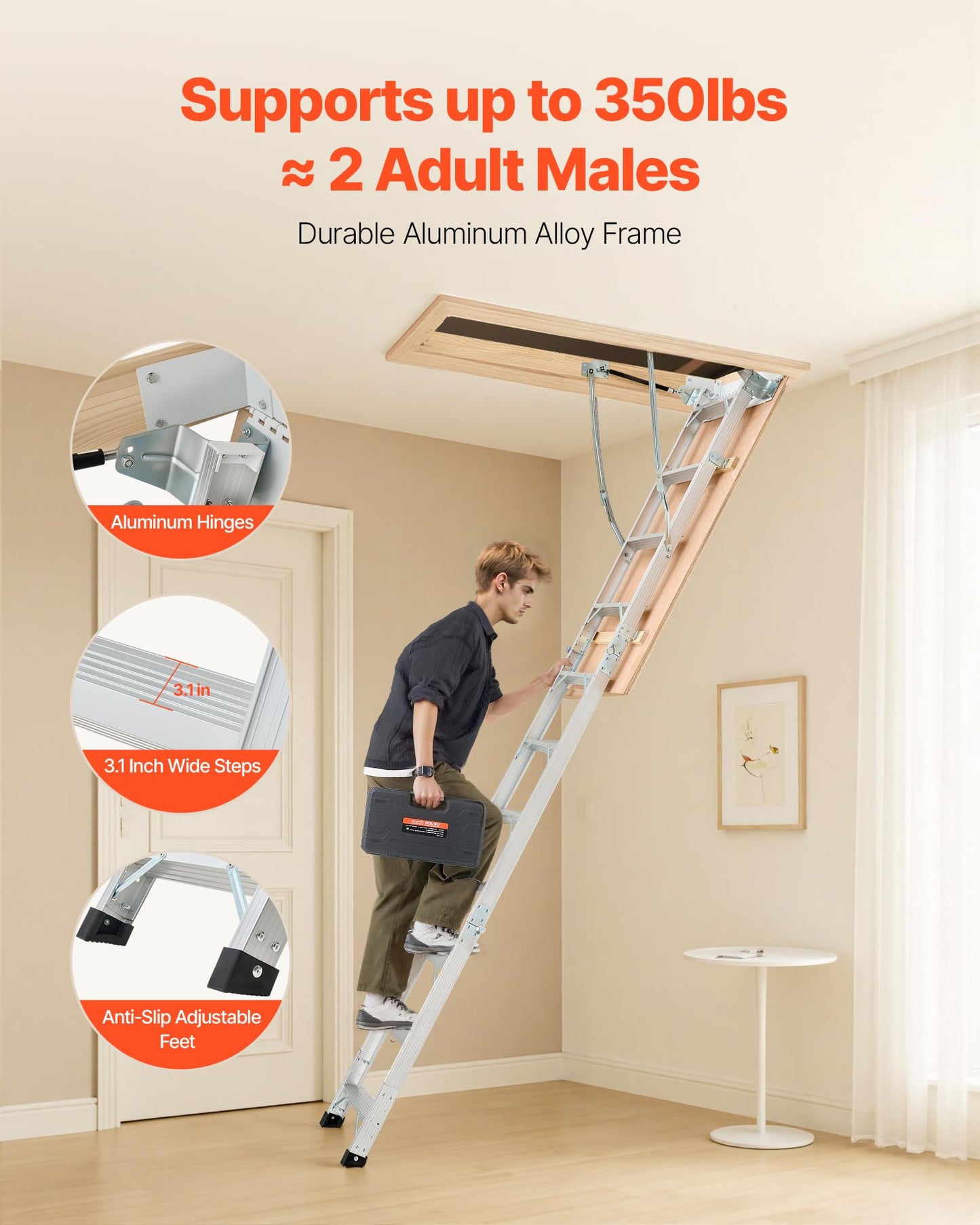 VEVOR Attic Ladder, 375LBS Capacity, 9.8 to 10.3 ft Height Adjustable, Multi-Purpose Foldable Aluminium Attic Stairs, Fits 7.66 to 10.25 ft Ceiling Heights for Convenient Access