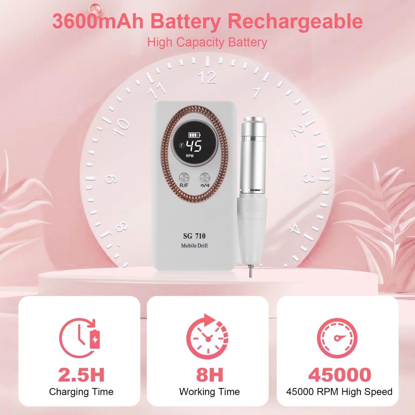 Nail Drill Machine Electric 45000RPM Rechargeable Portable Nail Drill Kit DIY Nail File Electric with Smart LCD Screen for Gel Nail Manicure and Pedicure Reflective Body etc(White)