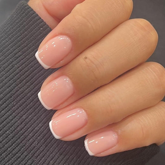 Modelones Extra Short Press on Nails, French Tips Squoval Fake Nails, Reusable Nail Kit with Nail Glue Adhesive Tabs Mini Nail File, Nails Press Ons 32Pcs 16 Sizes, White, Spring Women Girl Gift