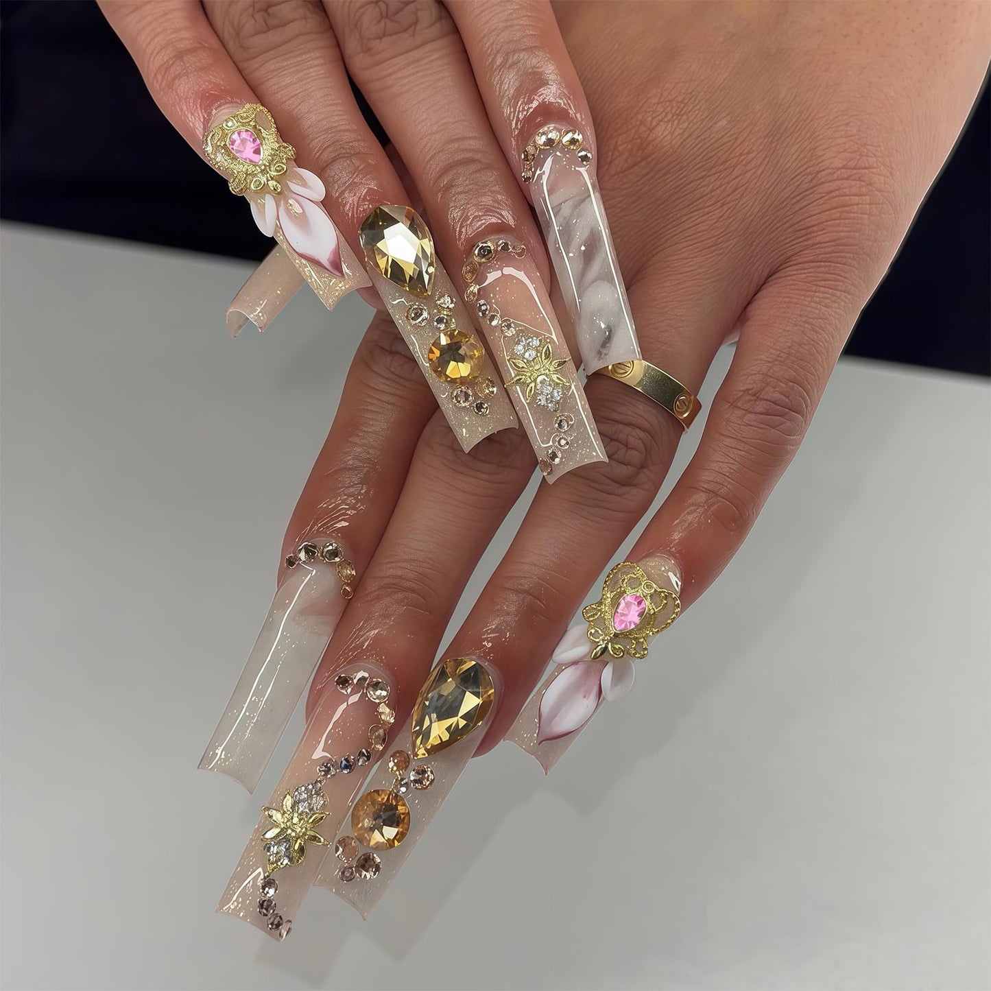 Pizadix 110 Pcs Gold Pink Nail Charms Y2K with Heart, Cherries, Bows, Butterflies, Guns, Crosses, Dollars