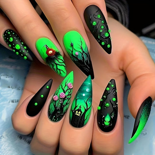 Green Fluorescence Halloween Press on Nails Long Black Forest Castle Rose Pattern Design Halloween Nail Full Cover Glossy Artificial Acrylic False Nail French Tip Almond Glue on Nails for Women 24Pcs