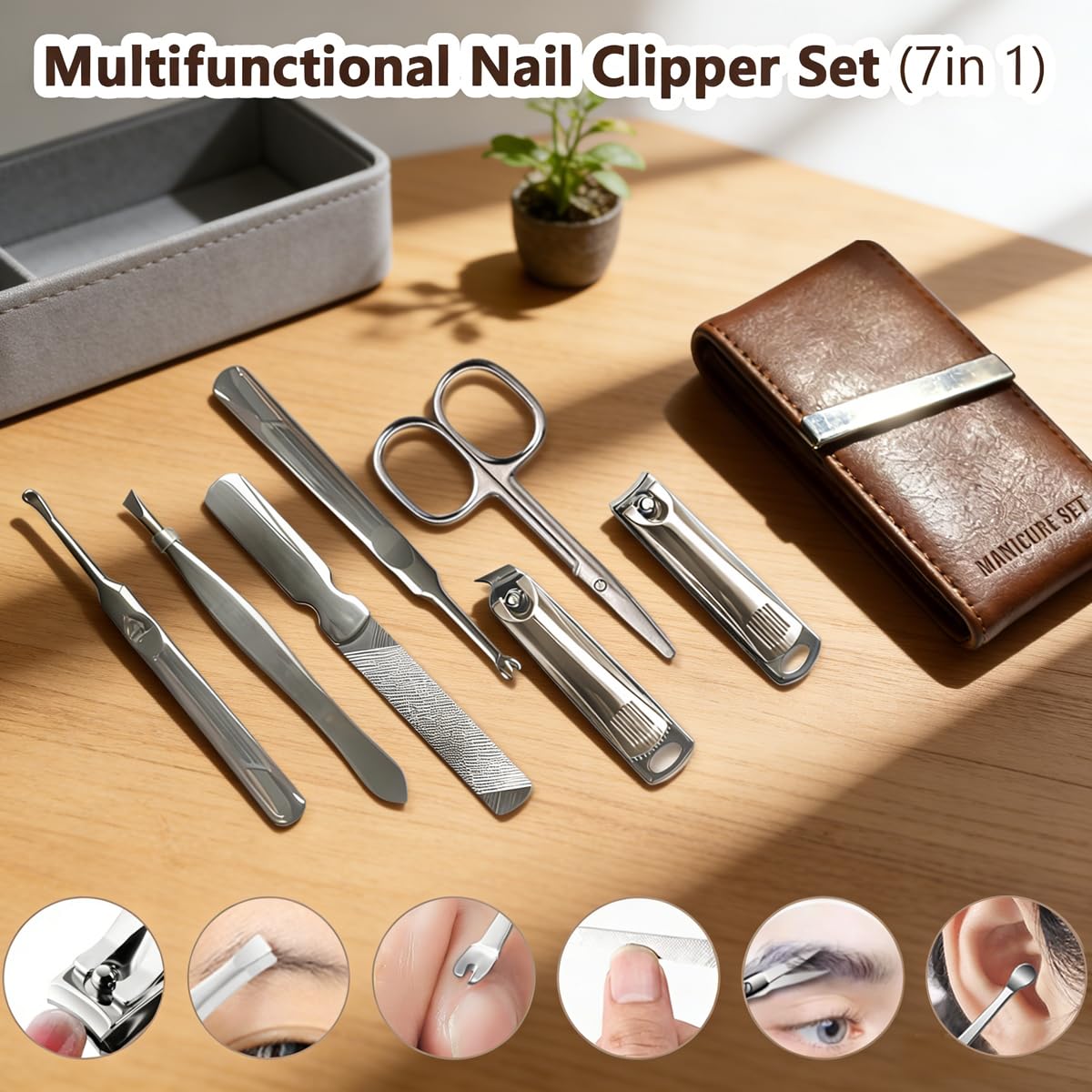 Nail Clippers Set 7 Pcs, Stainless Steel Toenail & Fingernail Clipper Set, Portable Travel Mens Nail Cutter, Manicure Grooming Kit for Men, Women, Gift Ideas (Brown)