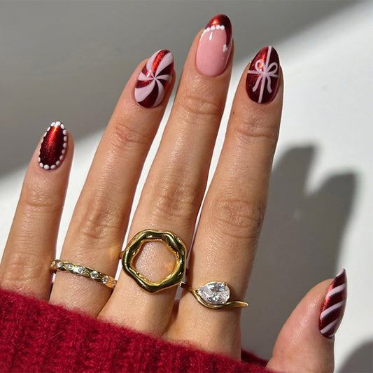 IMSOHOT Red Press on Nails Medium Almond Fake Nails Glossy Glue on Nails Full Cover Acrylic False Nails for Women Girls 24Pcs