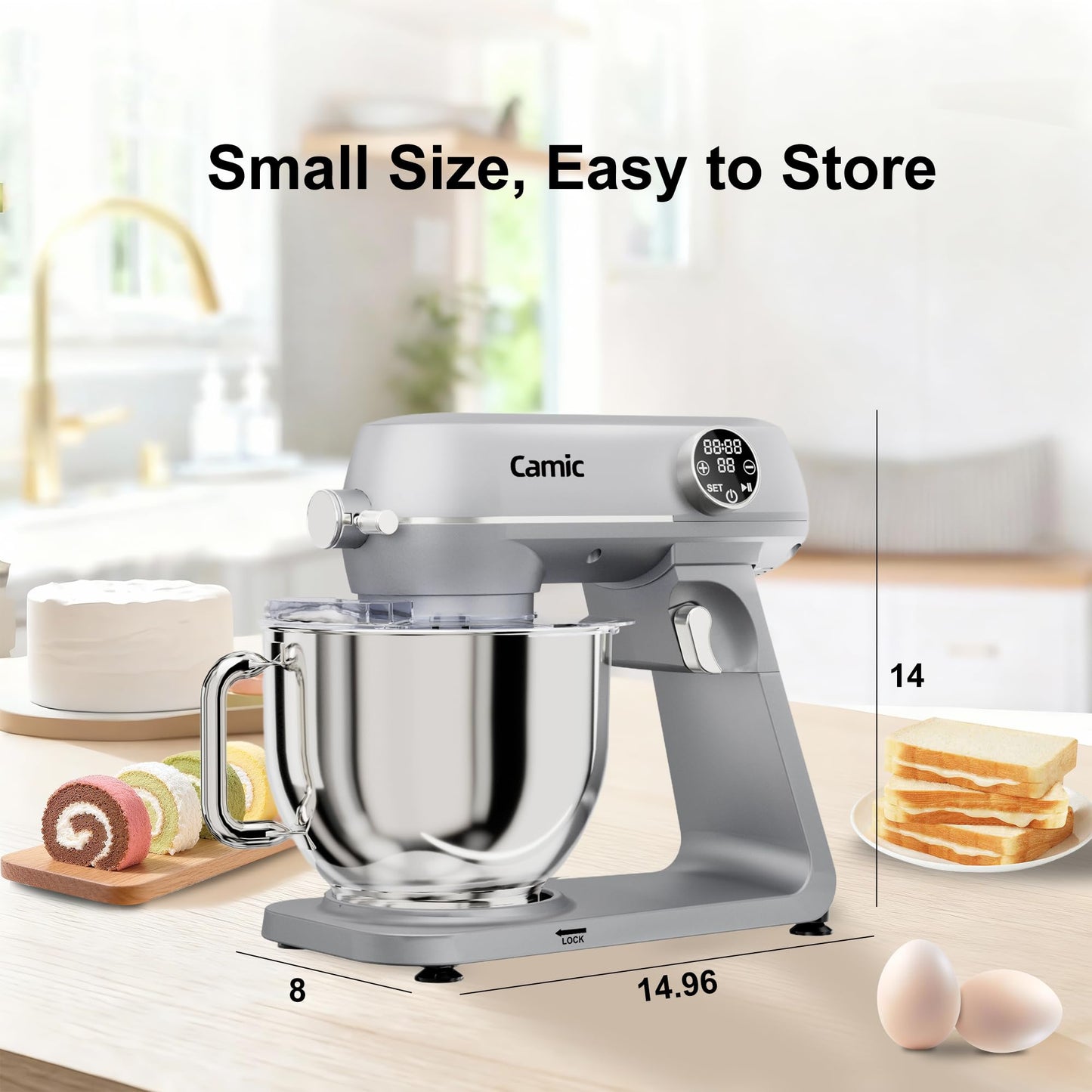 8.45 QT All Metal Stand Mixer,10 Speed Large Capacity Kitchen Mixer with Digital Timer & Tilt-Head, Electric Mixer with Whisk Dough Hook Mixing Beater for Baking,Cakes,Cookie,Bread,Salad(Silver)