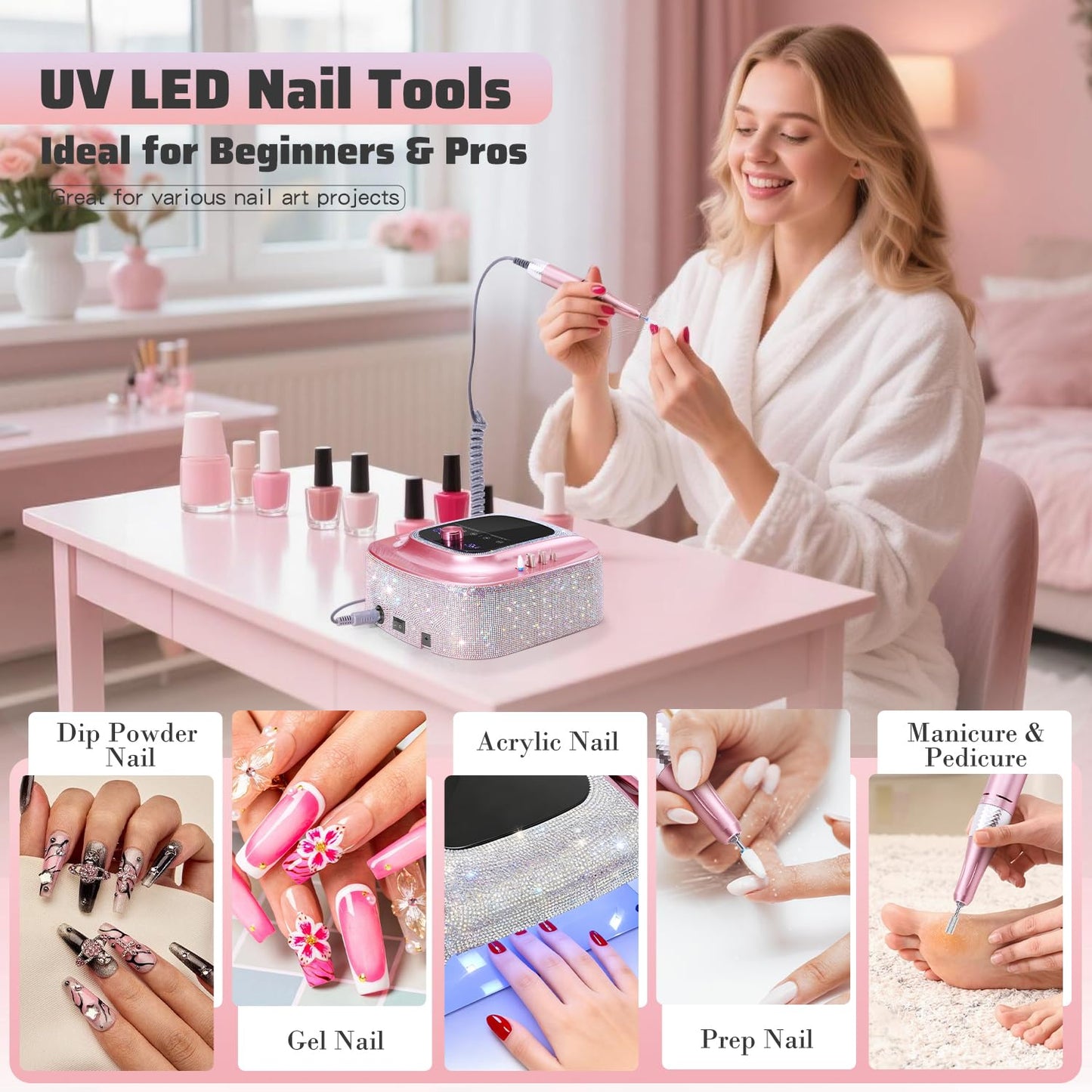 2-in-1 Rechargeable Cordless UV LED Nail Lamp & Electric Nail Drill Kit with Auto Sensor, LCD Display,45000 RPM Professional Gel Nail Dryer Machine for Home Salon Use & Training Nail Art Practice