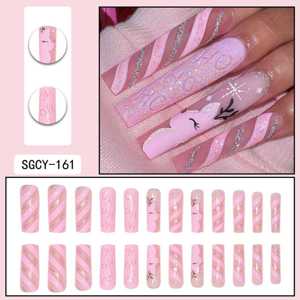 Christmas Press on Nails Extra Long Coffin Fake Nails Pink Coffin False Nails with Design Cute Reindeer Snowflake Line Glue on Nails Full Cover Bling Glitter Winter Xmas Acrylic Nails for Women 24Pcs
