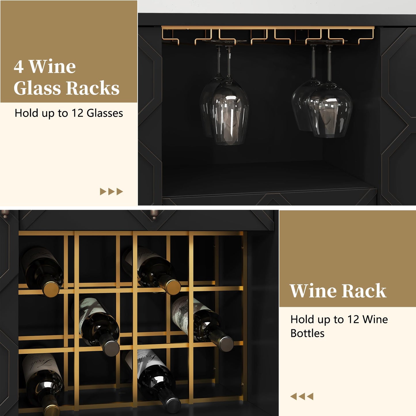 MROJISC Modern Bar Cabinet with Drawer, Liquor Cabinet with Wine Glass Racks and Shelves, Geometric Door Buffet Sideboard for Dining Room, Living Room, Kitchen, Black