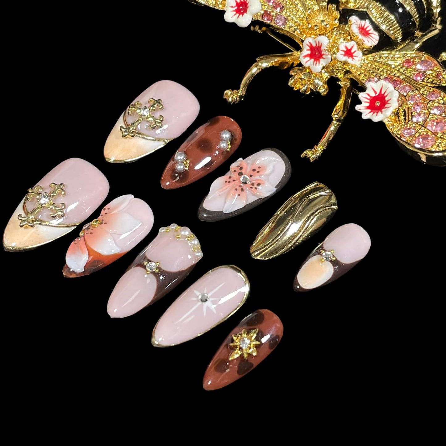 Handmade Press On Nails Medium Almond 10 Unique 3D Floral Designs Gold Filigree Crosses Caramel-Brown & Peach Blossoms | Reusable Acrylic False Nails for Women (Brown, M)