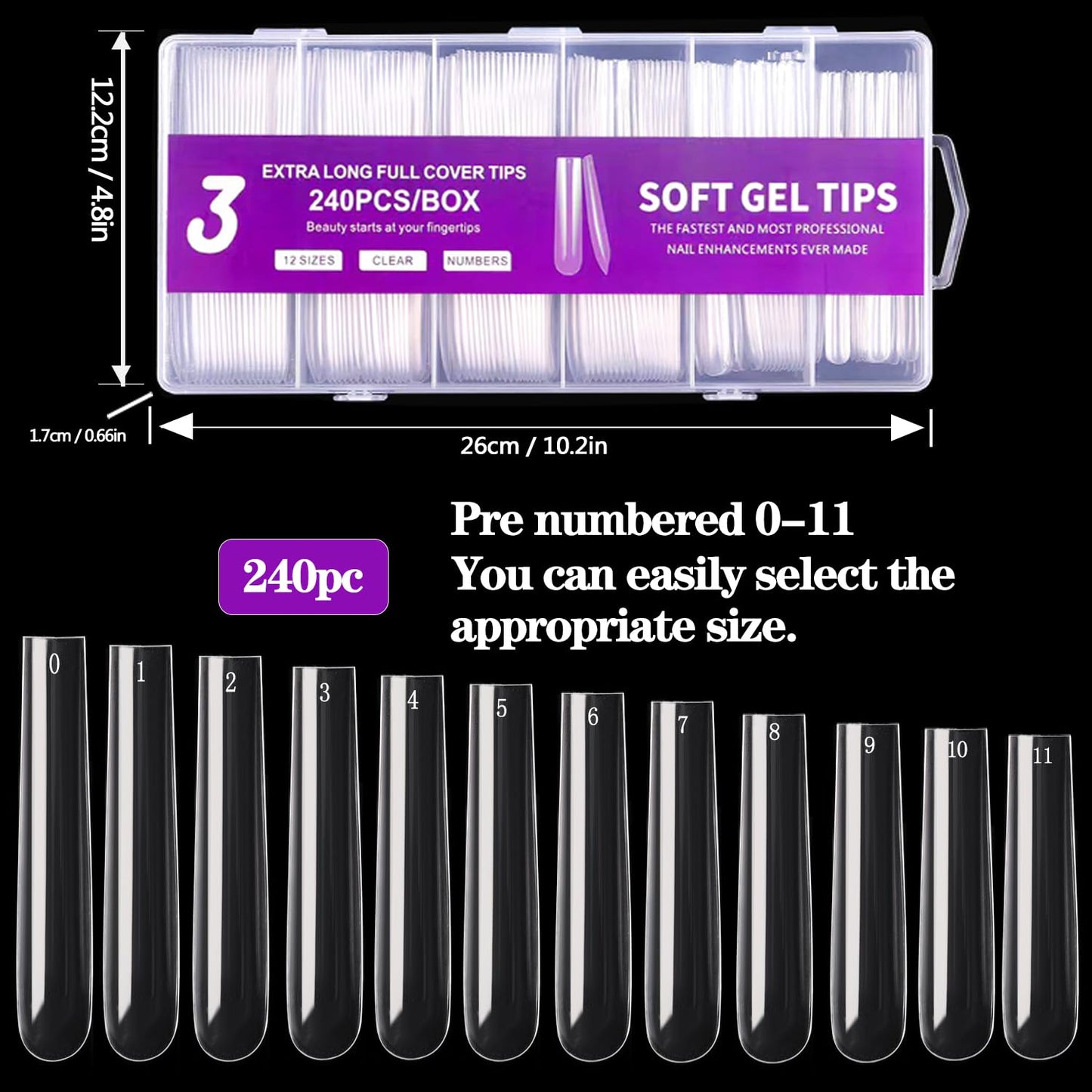 3XL Square Nail Tips, 240PCS Clear Full Cover Artificial False Nails Tips, Extra Long Square No C Curve Acrylic Nail Tips, XXXL Tapered Fake Nails for Salons Home DIY Nail Art 12 Sizes