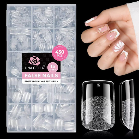 UNA GELLA Short Square Gel Nail Tips 450PCS 15 Sizes Full Cover Pre-etched Soft Gel Square Tips Acrylic Fake False Nails Extensions Easy DIY Art Salon Press On Nails Long-Lasting Hold
