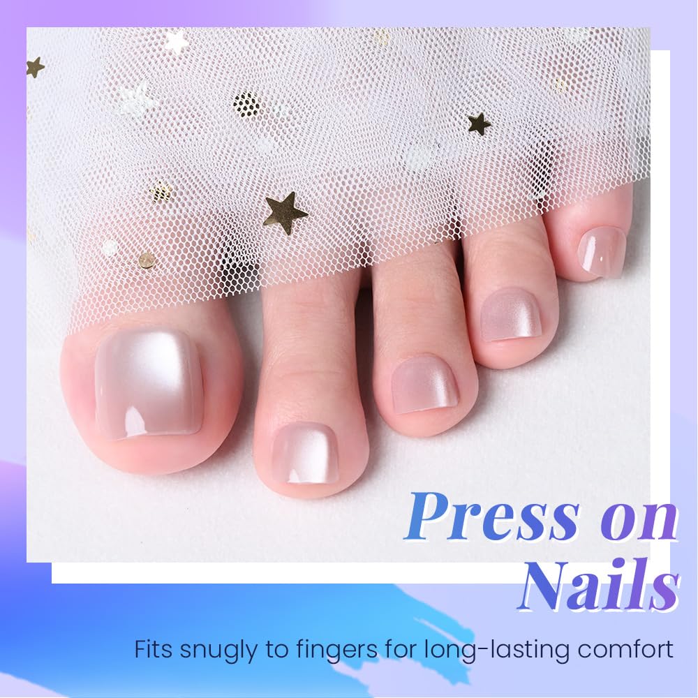 evpct Nude Cat Eye Press on Toenails Square for Women Gift, Glossy Square Fake Stick Press on Toe Nails, Soft Stick on Toenail Set with Kit, Lightweight Perfectly Fit Full Cover Fake Toenails 32Pcs
