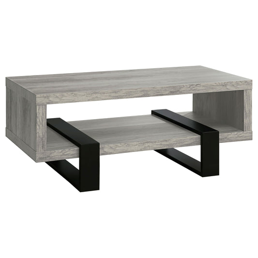 Coaster Home Furnishings - Dinard - Wood - Coffee Table with Metal Bases, Open Shelf, and Rectangular Surface - Living Room - 47-Inch - Grey Driftwood - 720878