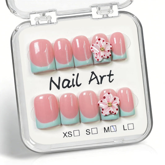 10 Pcs Handmade Press on Nails Short Square Fake Nails with 3D Flower Light Green French Tip Design Acrylic False Nails Pink M Size Press Ons Nails Square for Women Nail Art