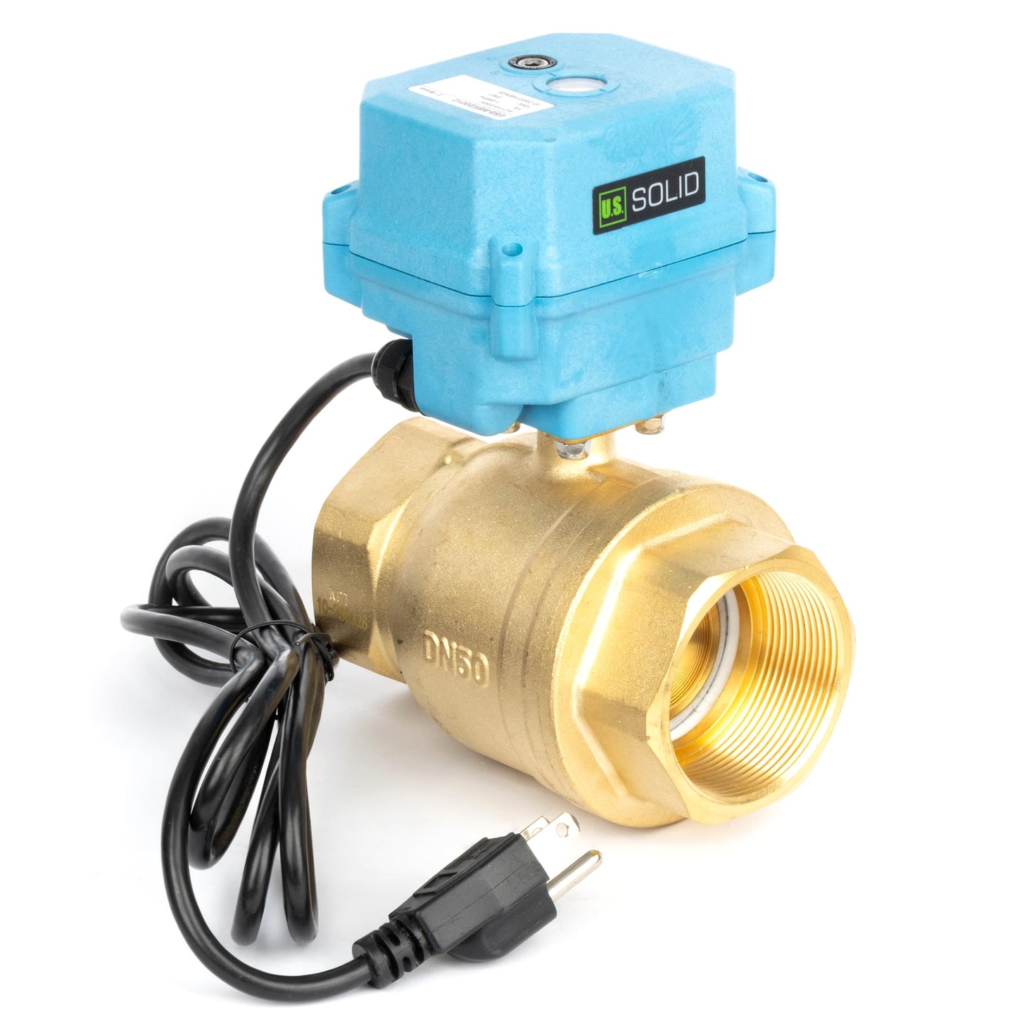 U.S. Solid 2" Motorized Ball Valve with US Plug 110VAC Brass Electrical Ball Valve, IP67, Manual Override, Direction Display Auto Return, Normally Closed, IP67