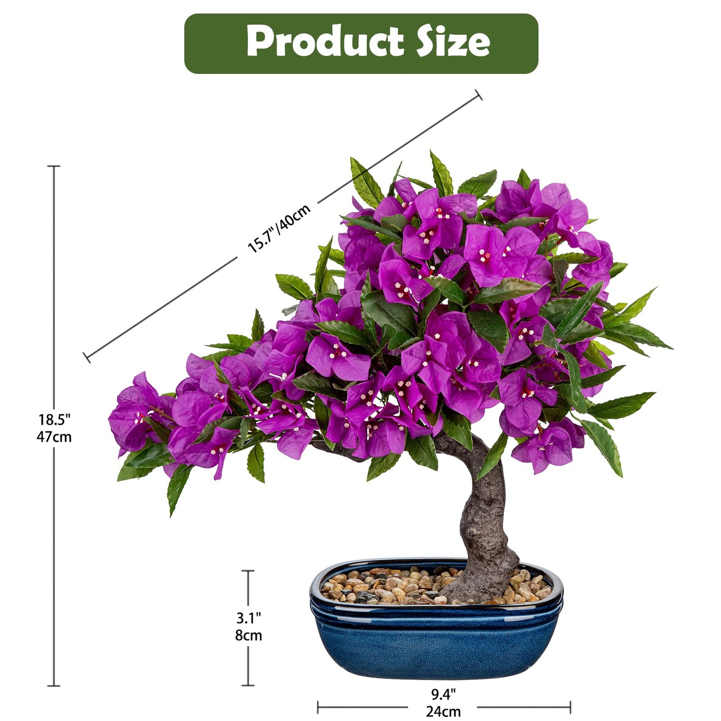 Briful Artificial Bougainvillea Bonsai Tree 18.5" Silk Bougainvillea Plant with Blue Pot Fake Bougainvillea Floral Tree for Home Office Room Desk Shelf Zen Décor(Purple)