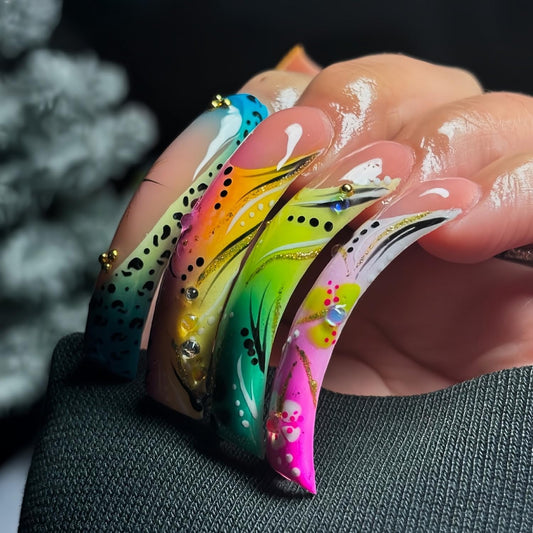 Curved Press on Nails Extra Long Square with Colorful Stripe Floral designs French Tip Press ones Glossy Full Cover Rhinestones Curve Fake Nails Gradient Acrylic Glue on Nails for Women Girls Manicure