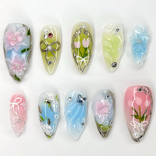 3D Flower Press on Nails Short Almond Fake Nails with Rhinestones Pearls Butterfly Bow Designs Spring False Nail Acrylic Artificial Fingernails Summer Stick on Nail for Women 30Pcs