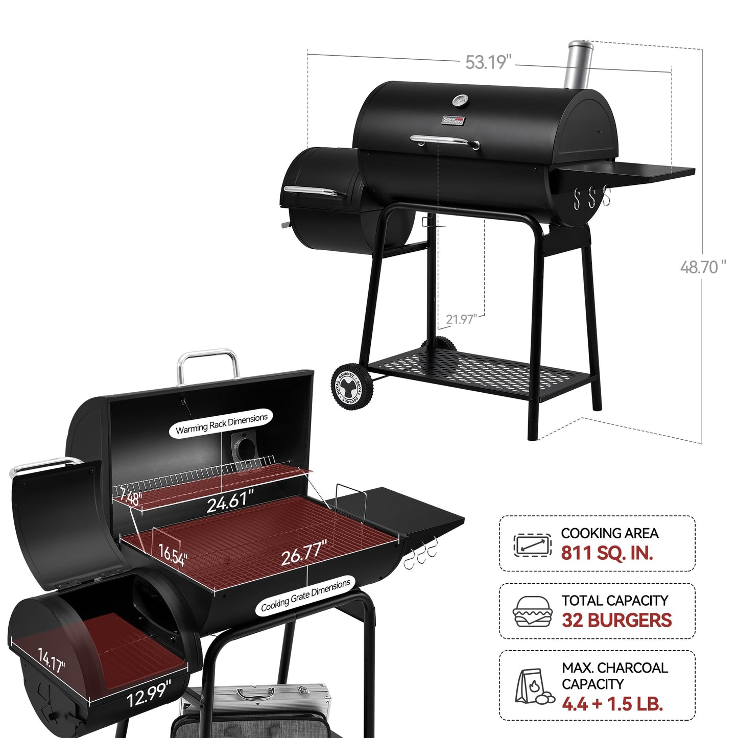 Royal Gourmet CC1830M 30 Inch Barrel Charcoal Grill with Offset Smoker & Warming Rack, Outdoor BBQ Grill with 811 Sq. In. Grilling Space for Backyard, Patio and Parties, Black
