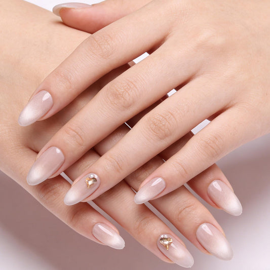 Nude Cat Eye Press on Nails - Medium Almond Fake Nails Glitter Glue on Nails with 3D Rhinestones Heart&Pearl Designs False Nails Reusable Full Cover Stick on Nails for Women Manicure 24Pcs