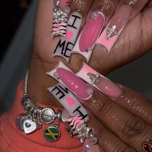 IMRAIN Long Press on Nails Square Fake Nails with Y2K Charms Design White French Tip Acrylic False Nails Pink Ombre Full Cover Glossy Cute Extra Long Stick on Nails for Women