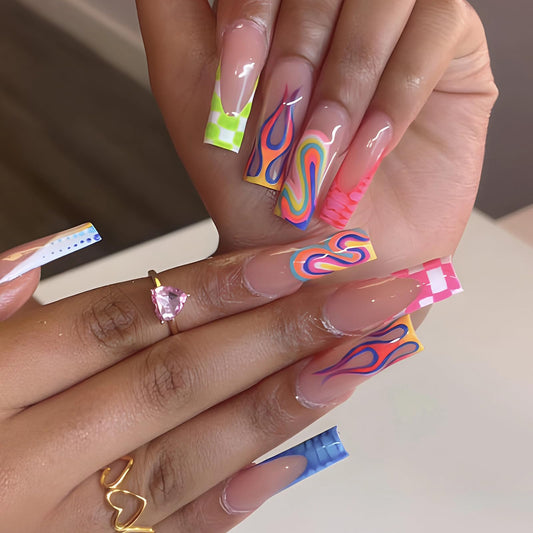 MISUD Press on Nails - Long Square Glue on Nails with Colorful Plaid, Acrylic Checkered Flame Design 24 pcs
