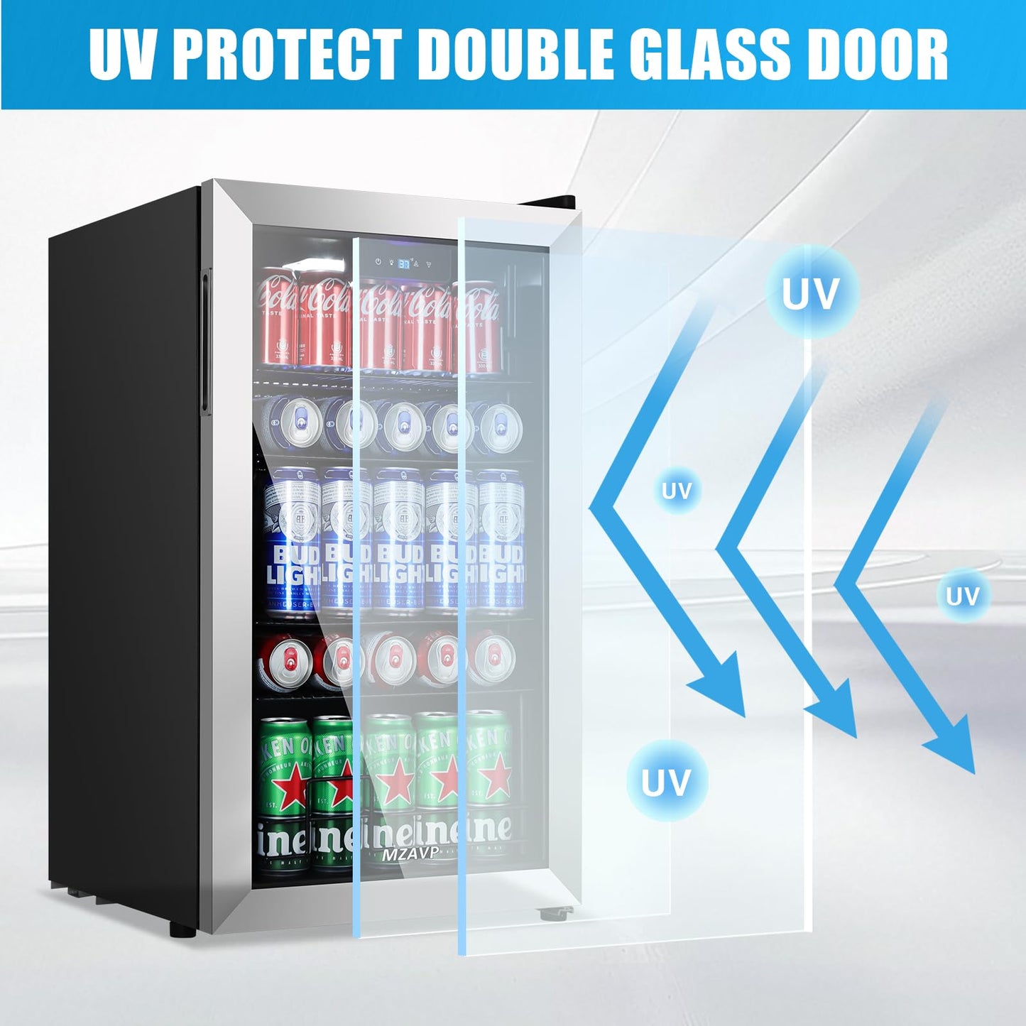 MZAVP Beverage Refrigerator Cooler, 120 Can Mini Fridge with Reversible Glass Door for Soda Beer, 3 Cu.Ft Drink Fridge with Digital Temperature Control & Adjustable Shelves - Silver